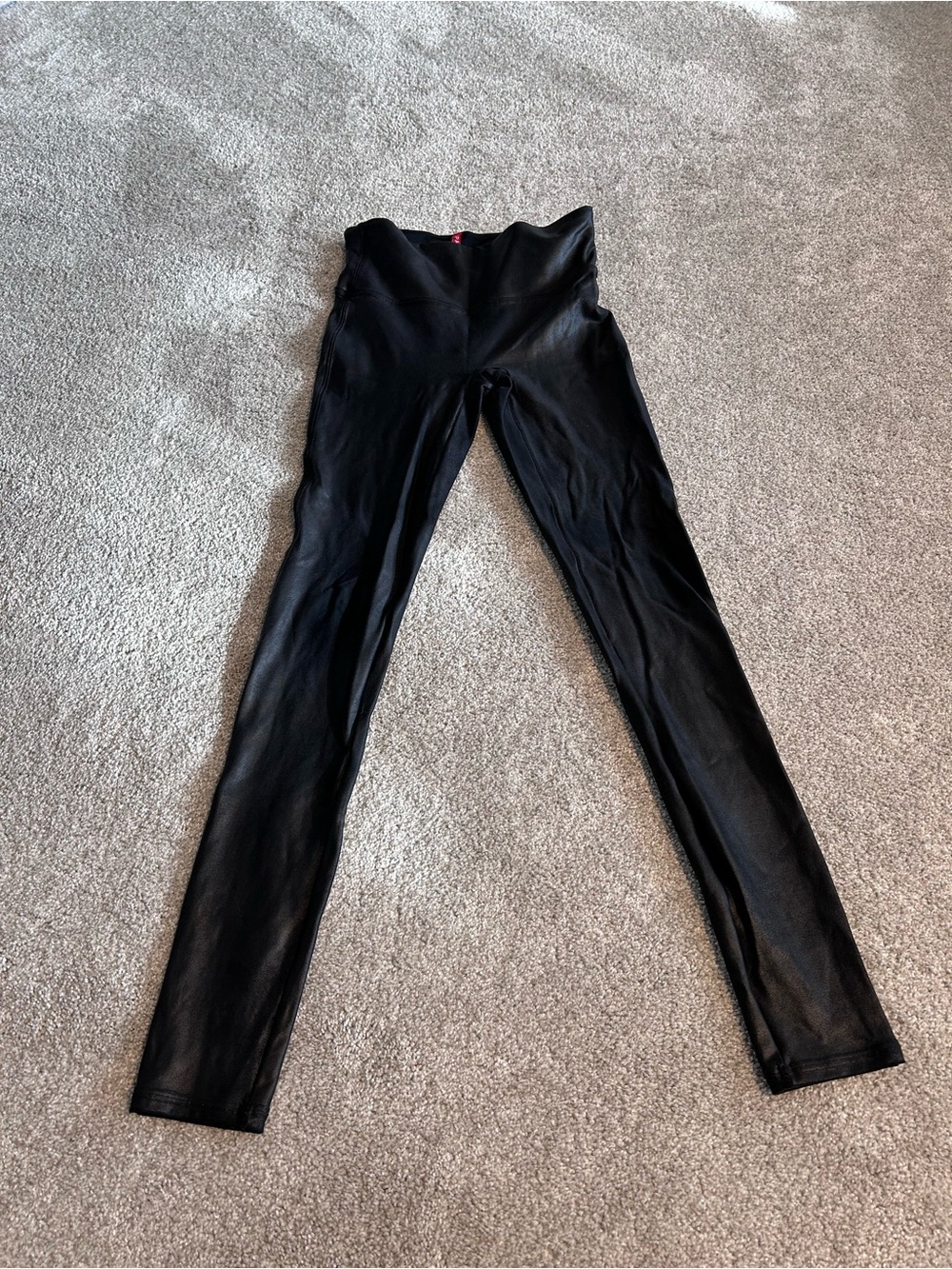 SPANX Faux Leather Leggings Black High Waist Shaping Shiny Metallic Sheen Sculpt